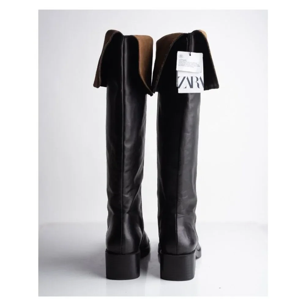Zara Womens Leather Knee High Boots Black Contrast suede US 9 EU 40 NWD 2053/410